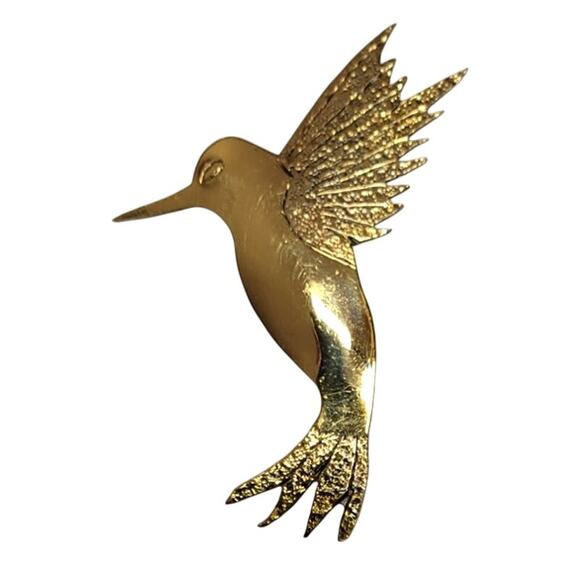 Vintage Hummingbird Brass Goldtone Metal Brooch Pin Artisan NuGold Hand Cut MCM - Picture 2 of 6